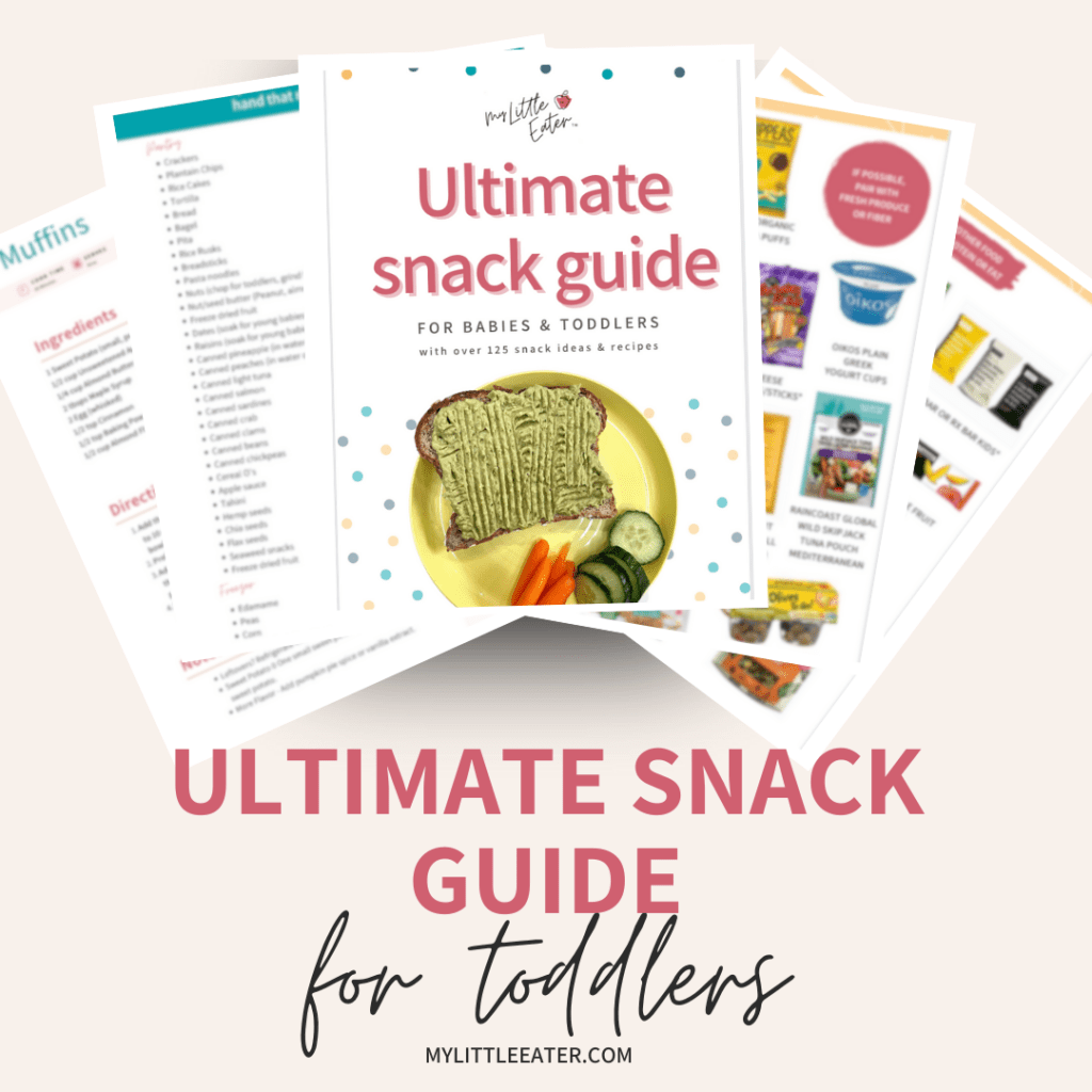 The Ultimate Snack Guide for toddlers including dietitian-approved pre-packaged options and recipe section