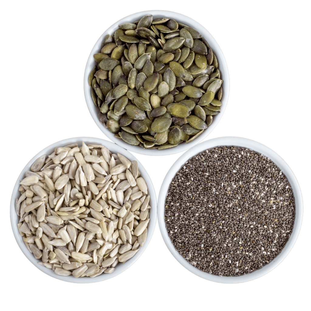 Healthy fats; image showing a variety of seeds
