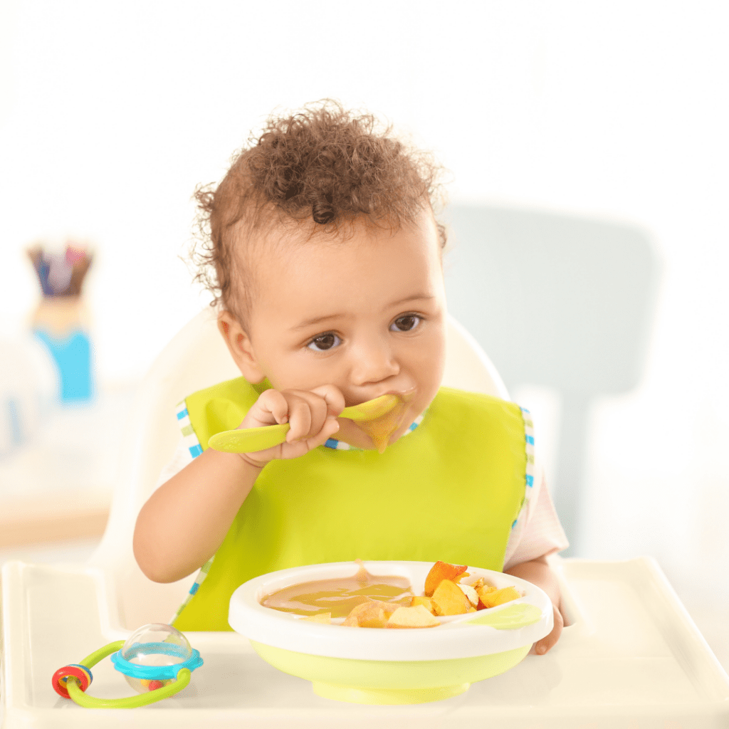 parents need to learn infant CPR and first aid and be aware of choking hazards for babies; picture of baby eating solids
