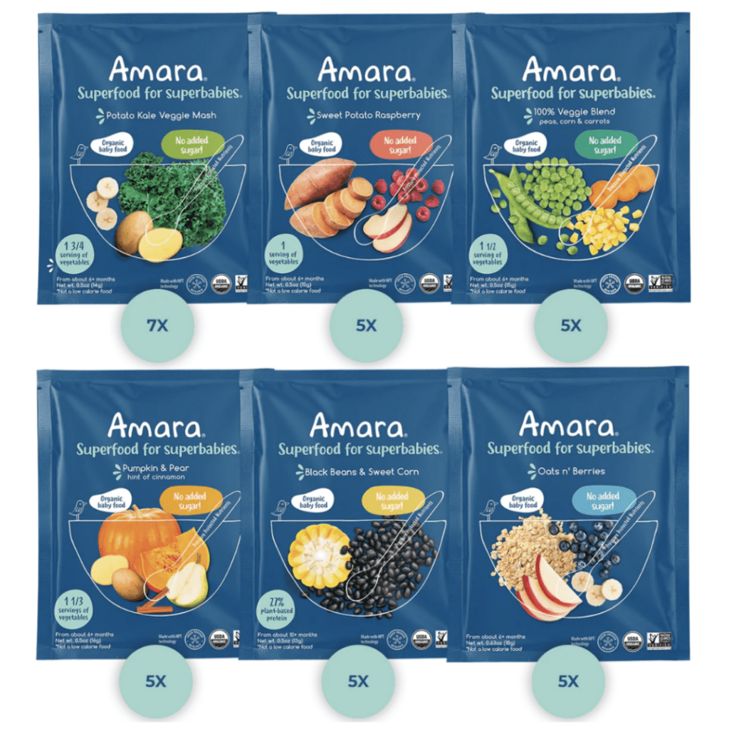 easy daycare baby and toddler lunch idea; amara baby food puree mixes