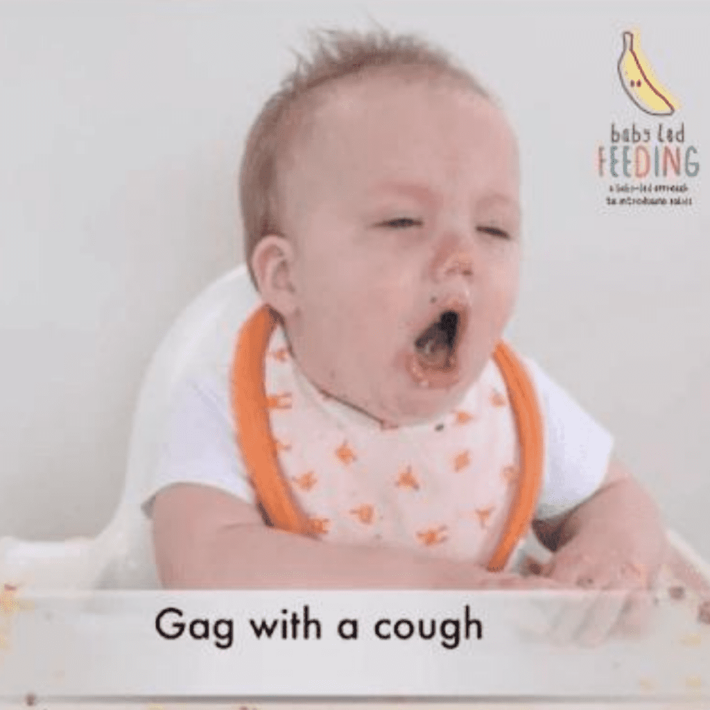 recognizing gagging vs choking; image of baby gagging on food and coughing