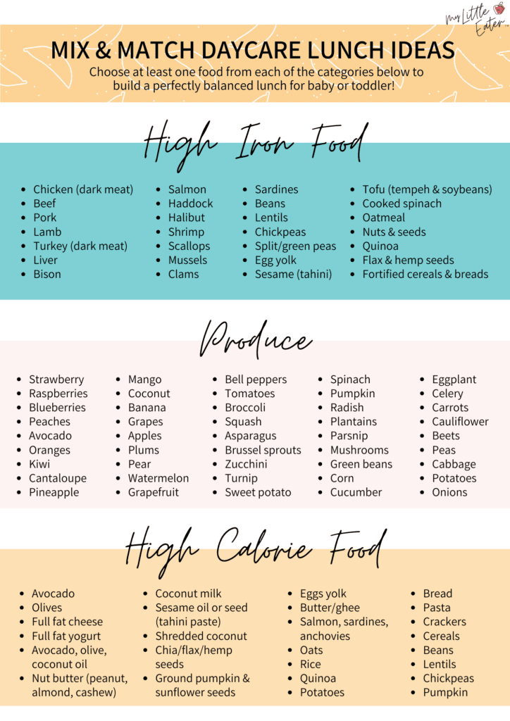 mix and match lunch ideas for daycare; high-iron food, produce, high calorie food