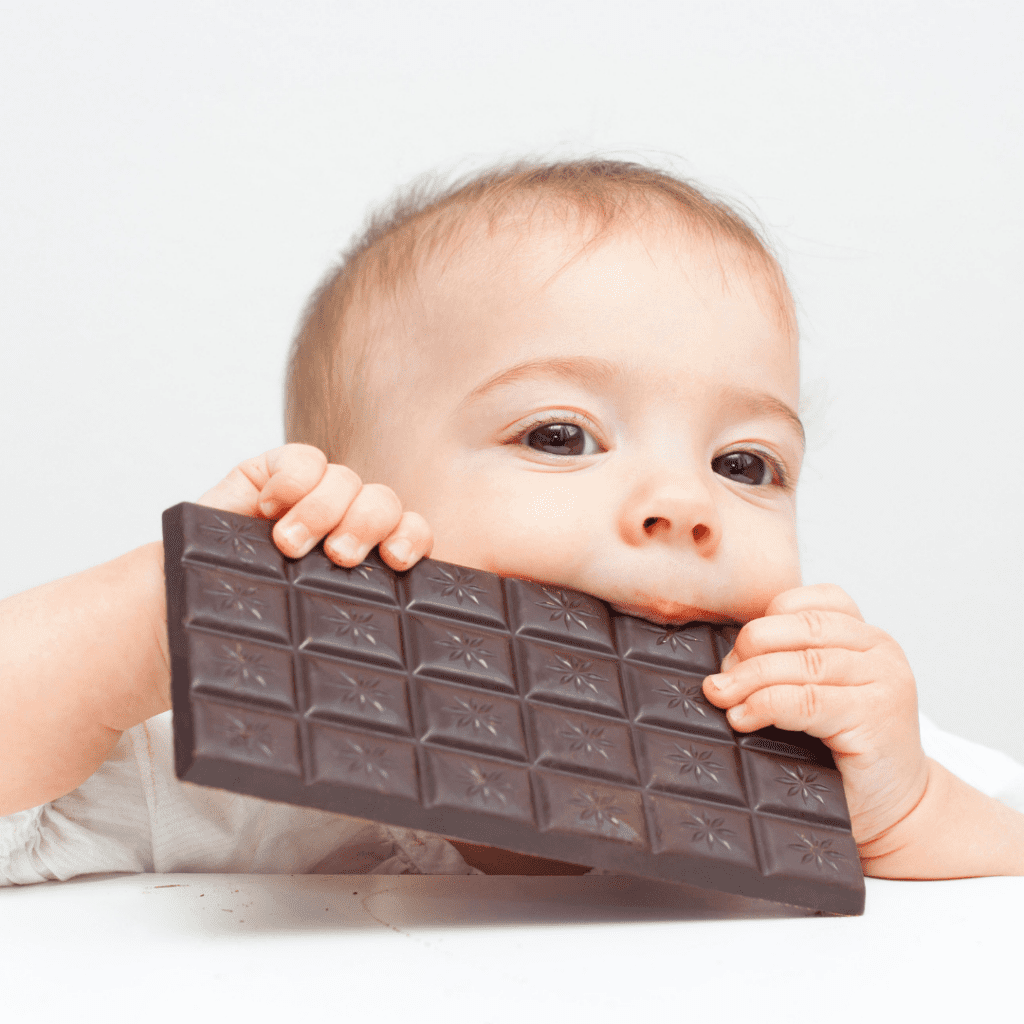 Happy baby eating a large chocolate bar with two hands. 