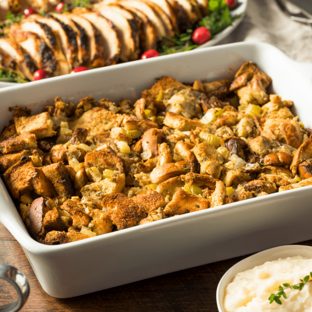 Bread stuffing for holiday dinners.