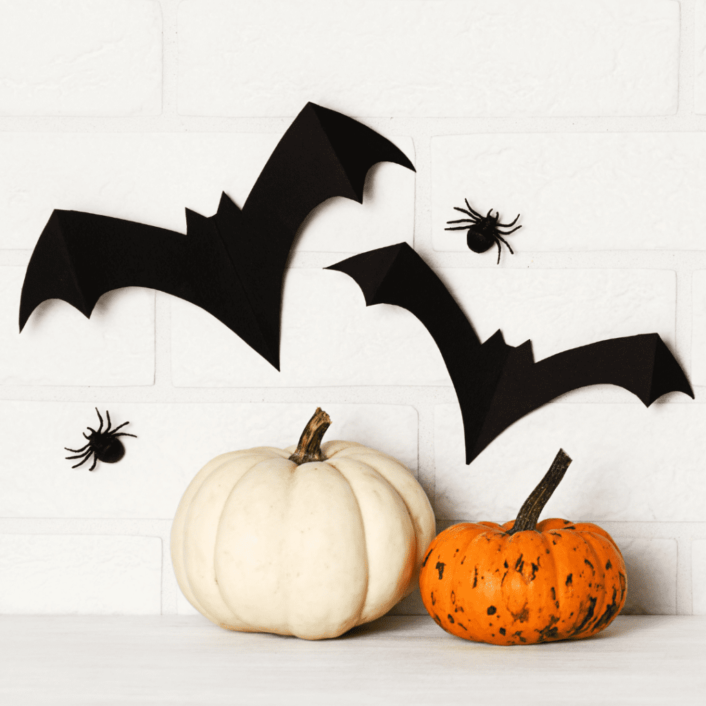 Halloween decorations of pumpkins and bats.