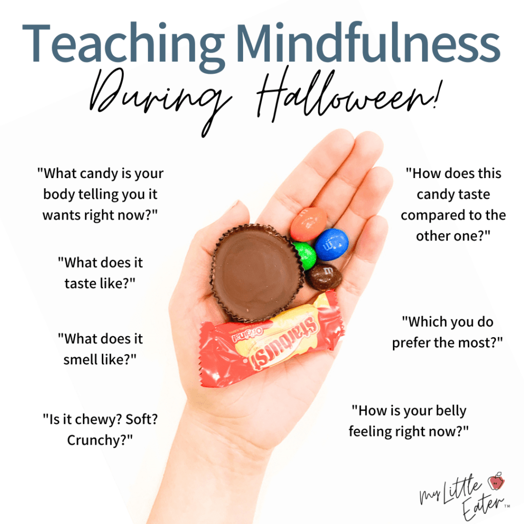 Teaching mindfulness to a toddler with Halloween candy for a healthy Halloween.