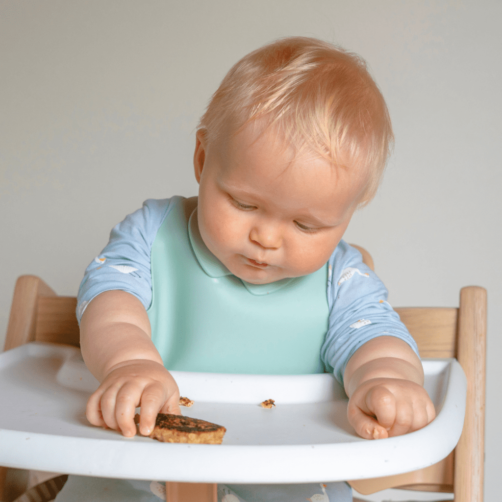 Teach baby to pick up food. Baby in a high chair trying to pick up a finger food with palmar grasp.