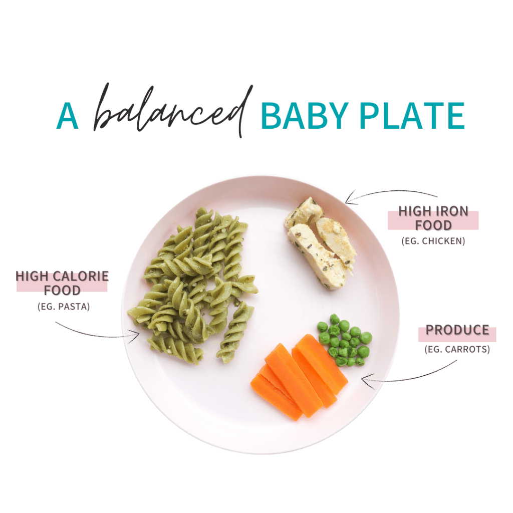 How to build a balanced baby plate to maximize baby's nutrition with a high-calorie food, a high-iron food, and produce.