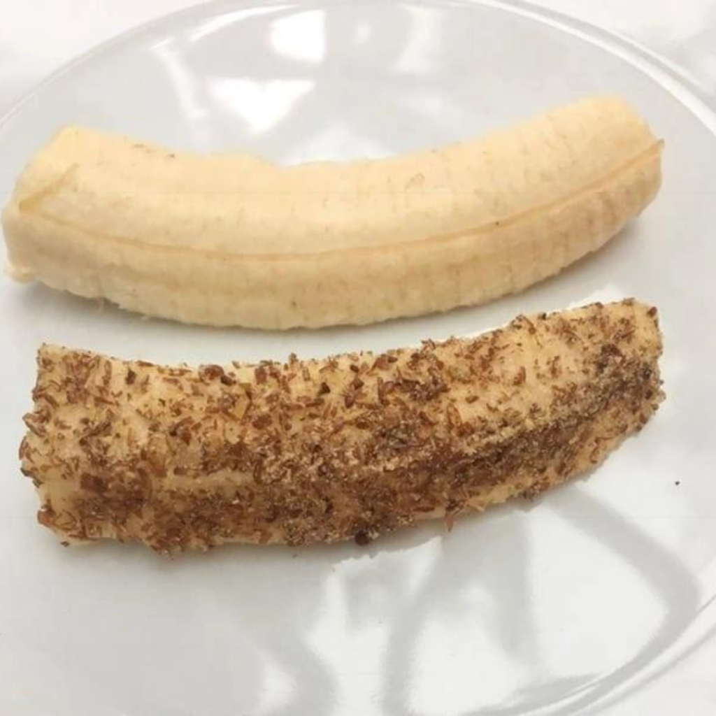 Bananas with wheat germ or flaxseed for baby led weaning finger foods.