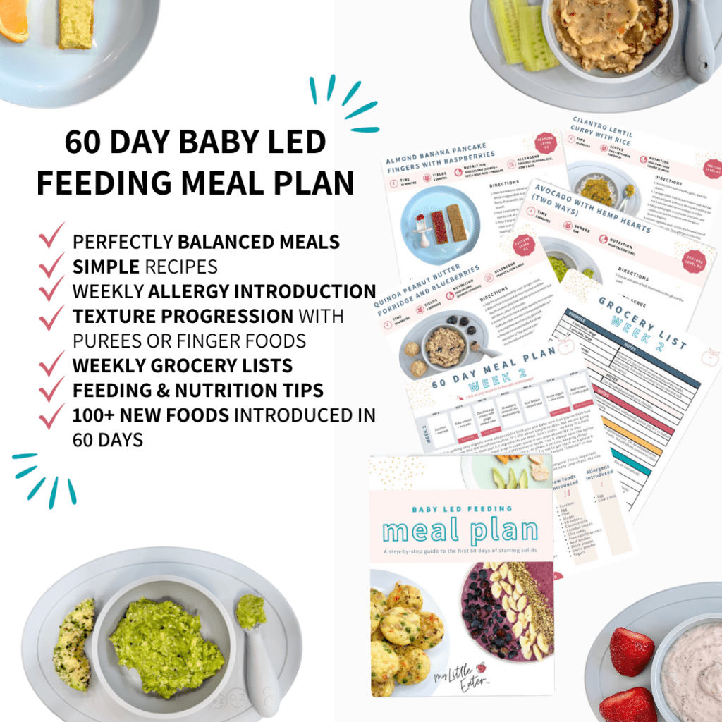 My Little Eater's 60 day baby meal plan with feeding and nutrition tips for spoon-feeding and baby led weaning.