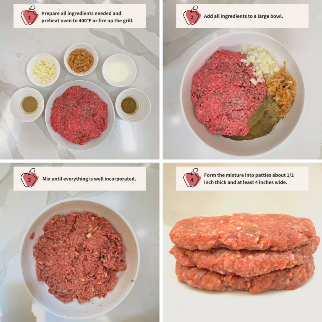 Instructions for preparing apple sage baby burgers (steps one to four).