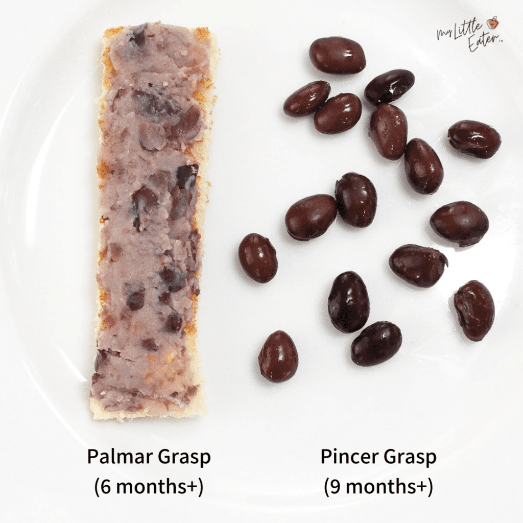 Baby led weaning foods like toasted bread with mashed or pureed beans.