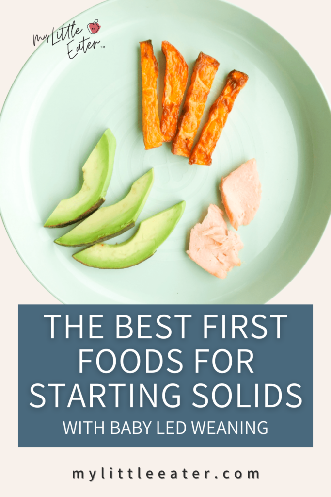 The best first foods for starting solids. Plated avocado, salmon, and sweet potato.