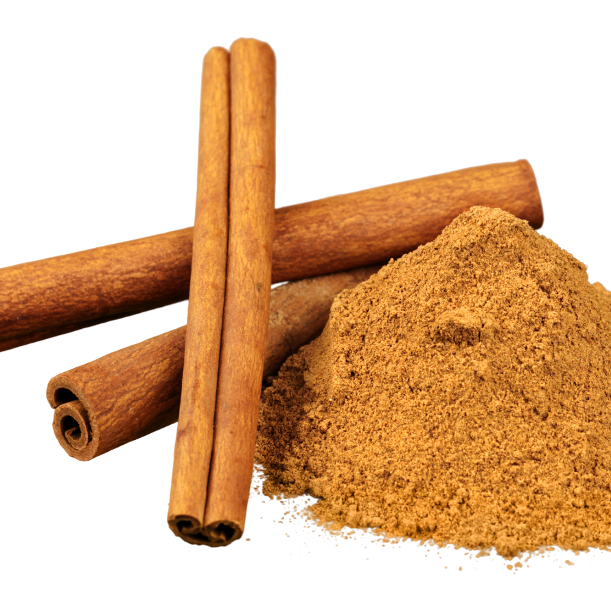Ground cinnamon in a pile and cinnamon sticks.