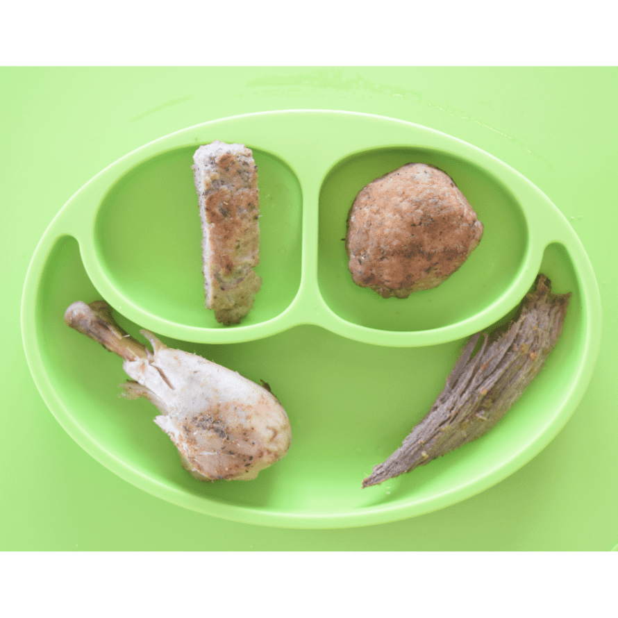 Various options for serving meat to your baby, including as a homemade baby food mixed with breast milk, in finger strips, as a meatball, and offering a chicken drumstick.