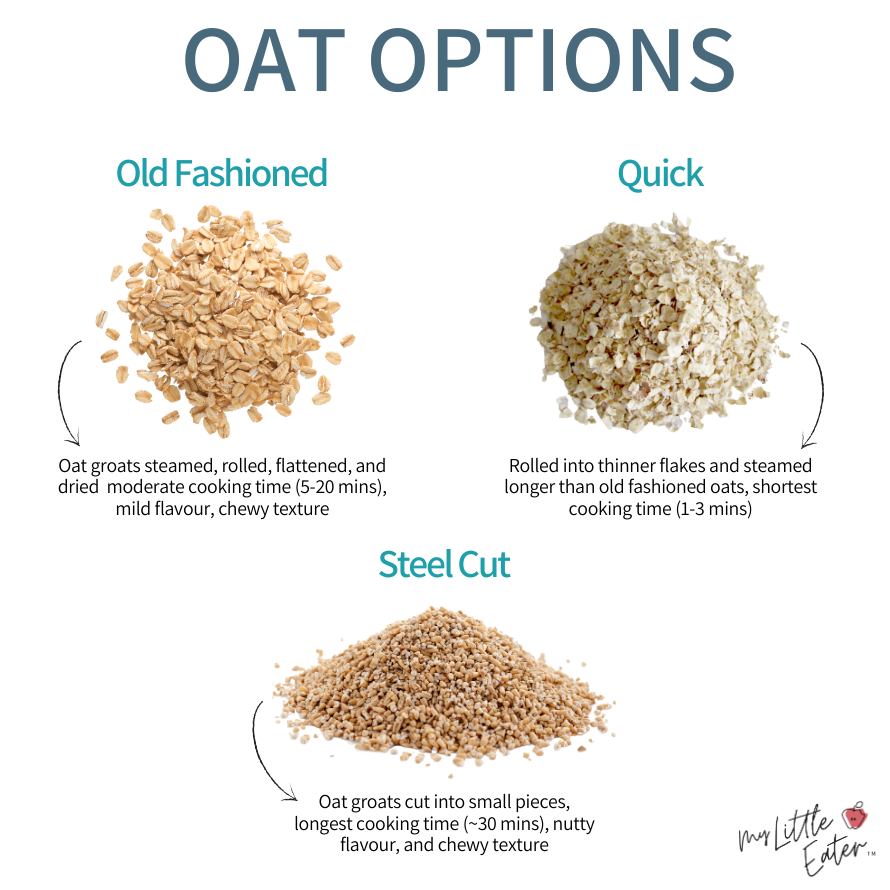 Various oat options including old fashioned oats, quick oats, and steel cut.
