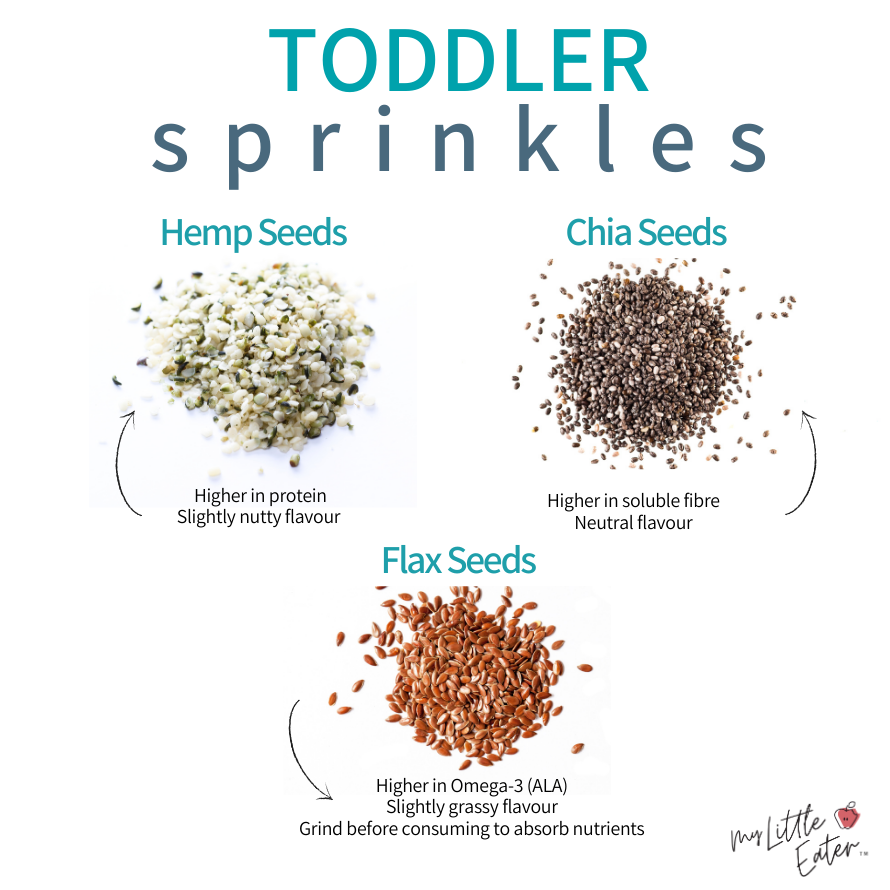 Toddler "sprinkles" including hemp seeds, chia seeds, and flax seeds.