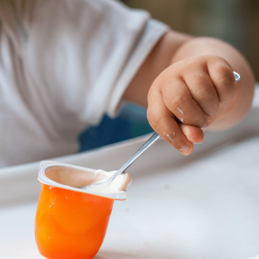 Sweetened baby yogurt, like these small yogurt cups, are not recommended for children under 2 years old due to the added sugar.