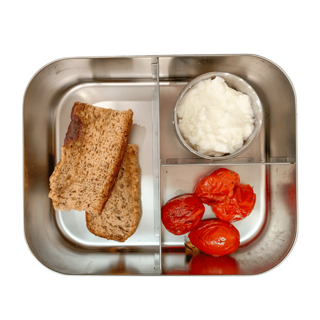 Yogurt can be used in various savory dishes as well, such as served on the side of bread and roasted tomatoes.