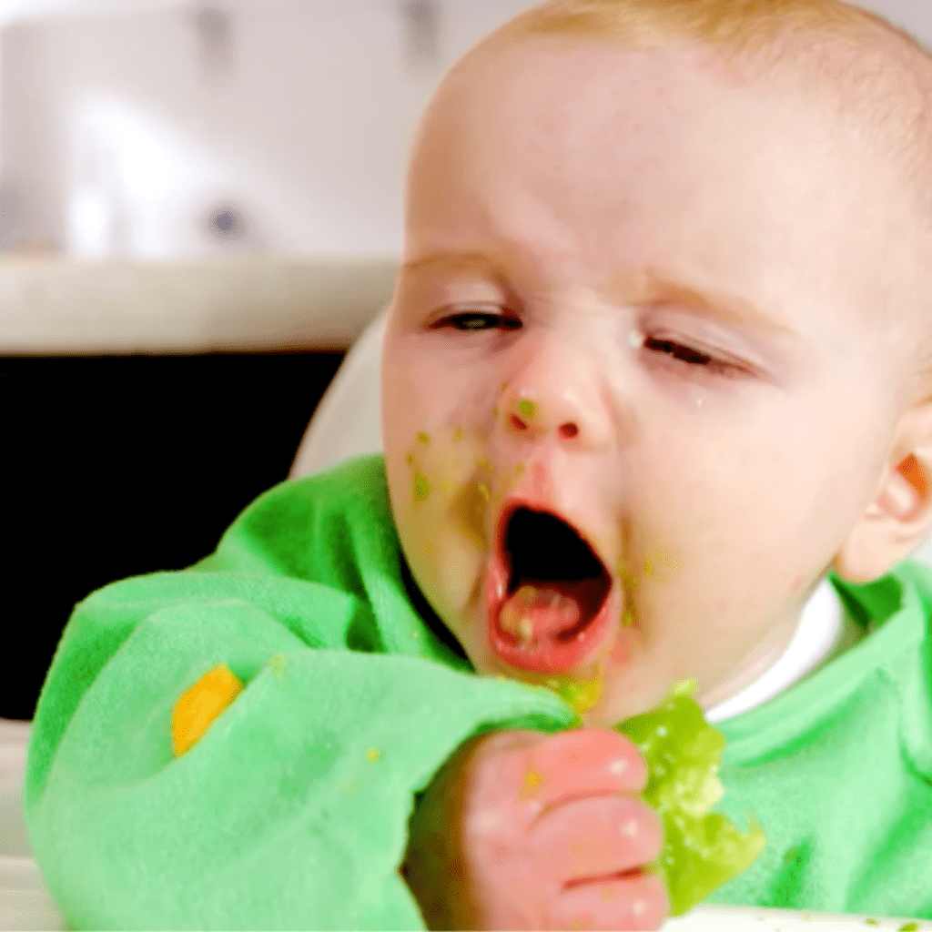 Close-up image of baby self-feeding finger food and gagging.