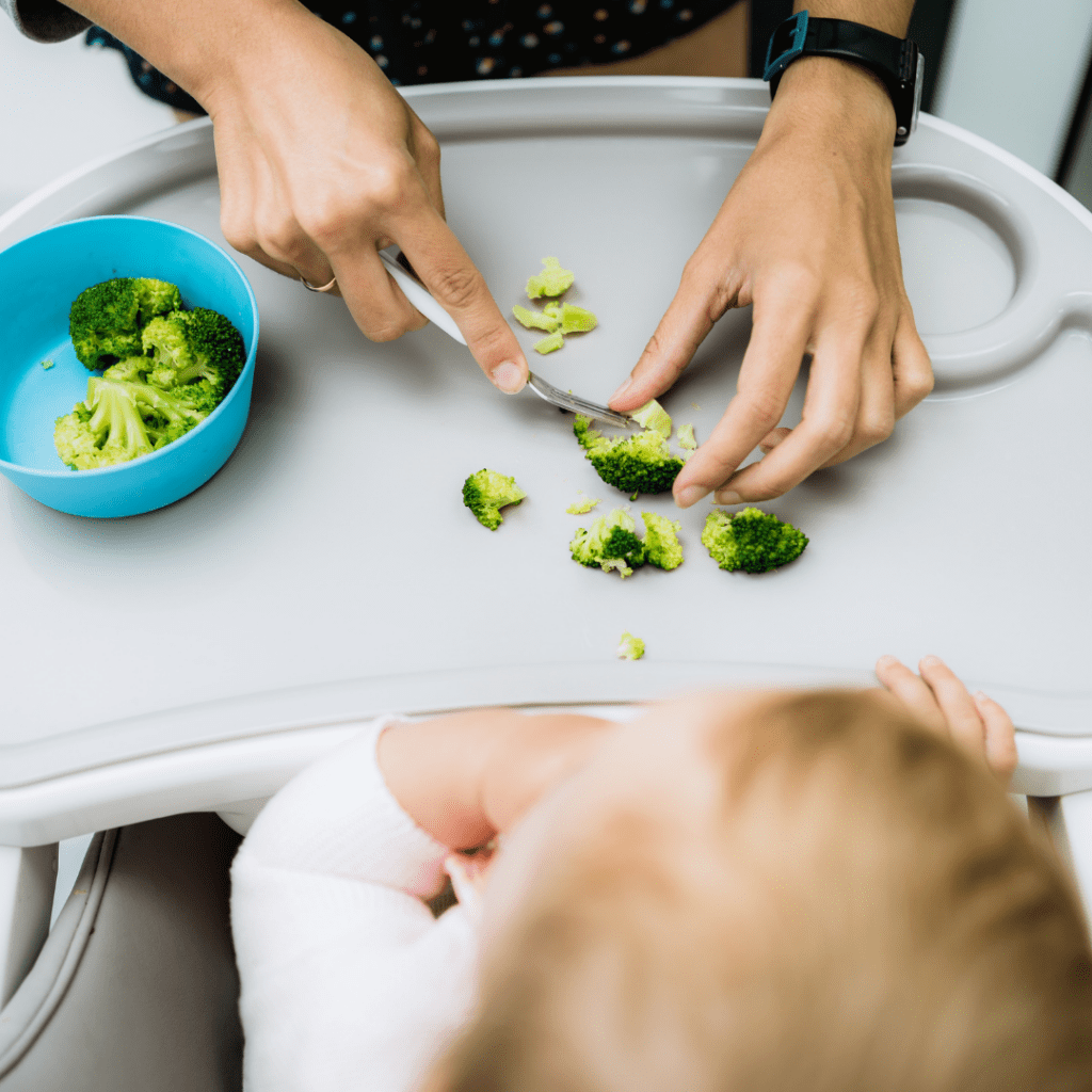 Cutting up cooked broccoli on the high chair tray for baby to eat.