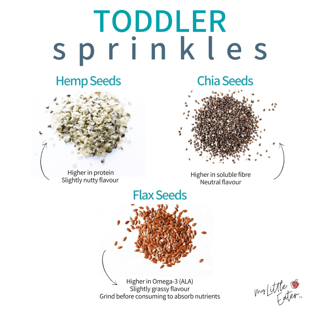 Toddler sprinkles of chia, flax, and hemp seeds.