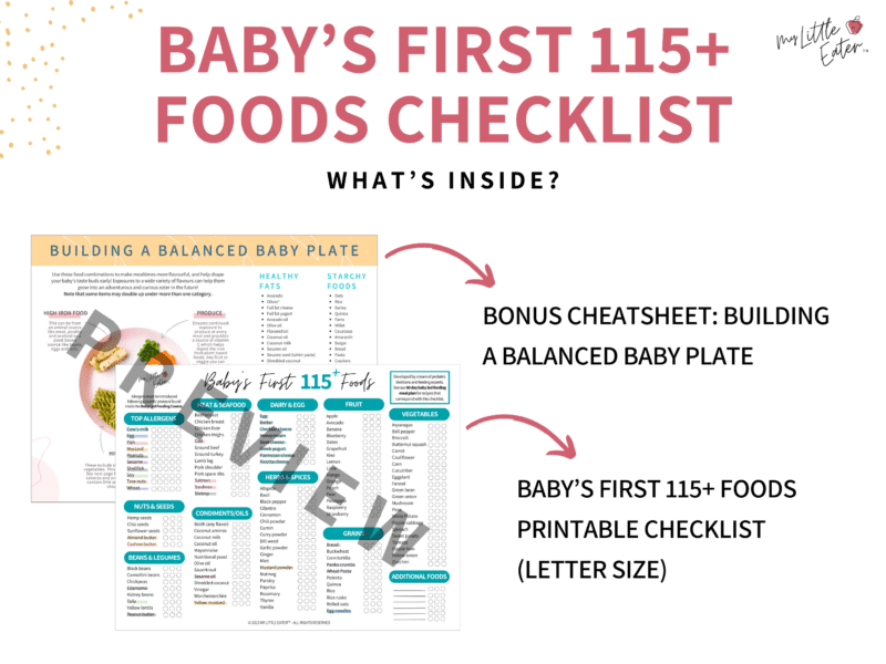 Babys first 115 plus first foods checklist created by pediatric dietitians and feeding experts complete with printable checklist and a bonus cheatsheet for building a balanced baby plate