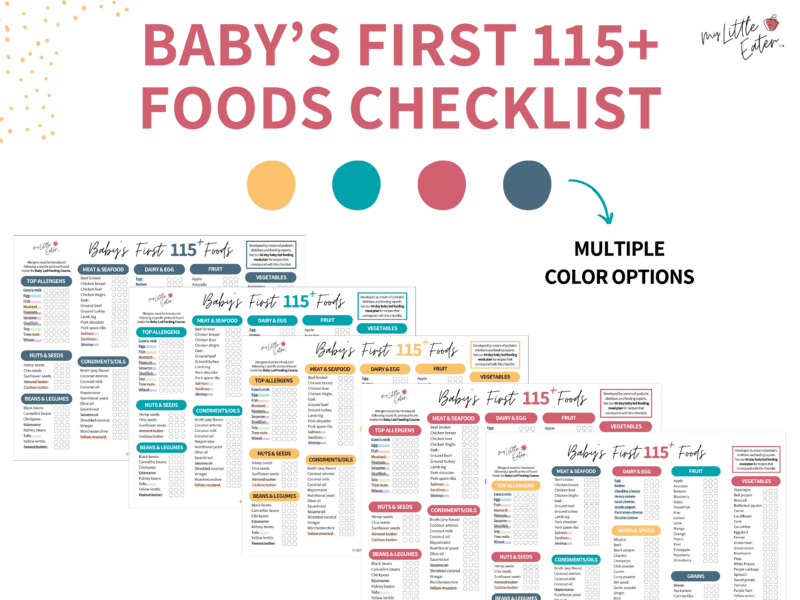 Babys first 115 plus first foods checklist created by pediatric dietitians and feeding experts available in multiple color options including yellow, light blue, pink, navy and multicoloured