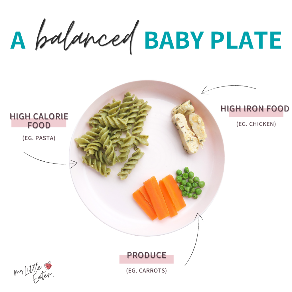 A balanced baby plate; includes a high calorie food, a high iron food, and produce.