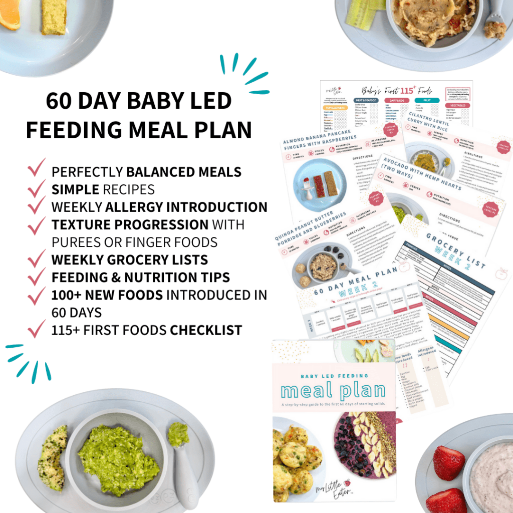 60 Day Baby Led Feeding Meal Plan by My Little Eater with texture progression and strategic food allergy introduction.