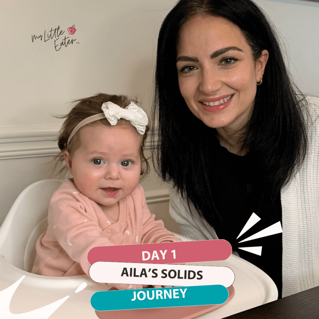 Day 1 of Aila's solids journey; Aila and Edwena Kennedy, RD.