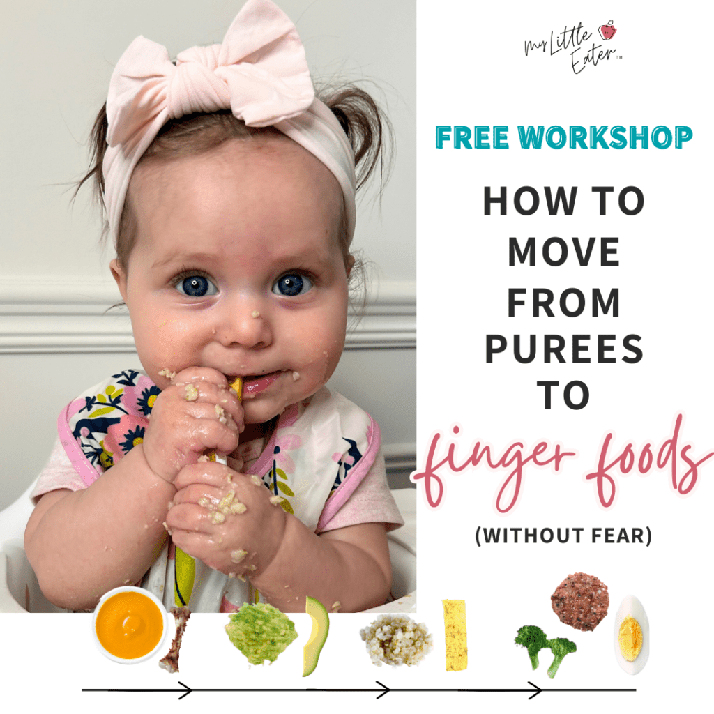 Free workshop on how to move from purees to pieces of food when introducing solids.