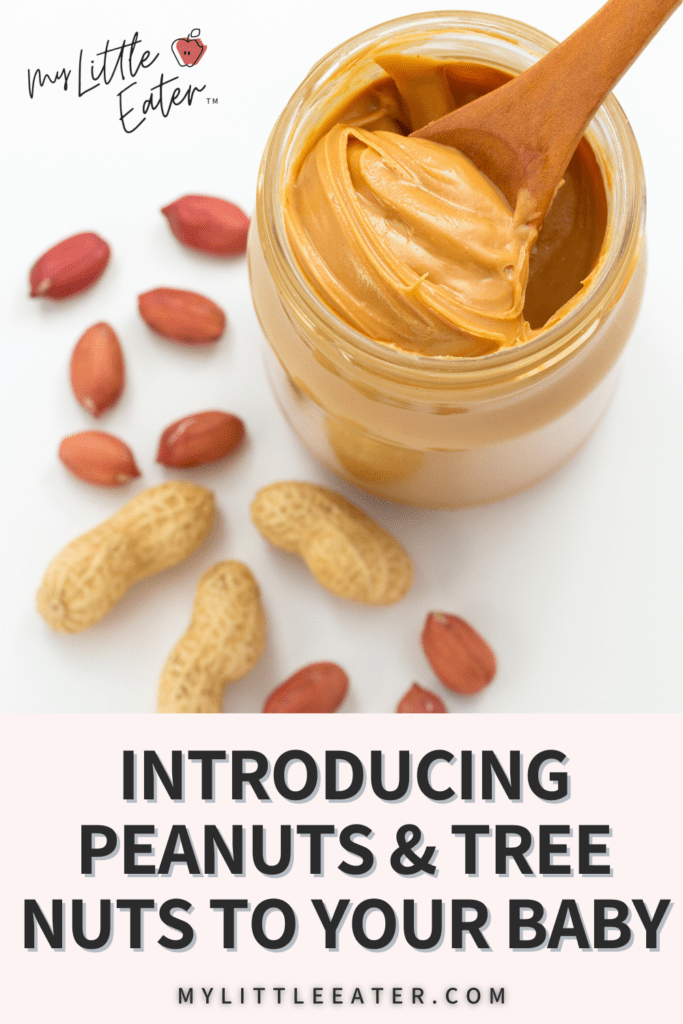 Jar of peanut butter with words below that read: Introducing peanuts and tree nuts to your baby.