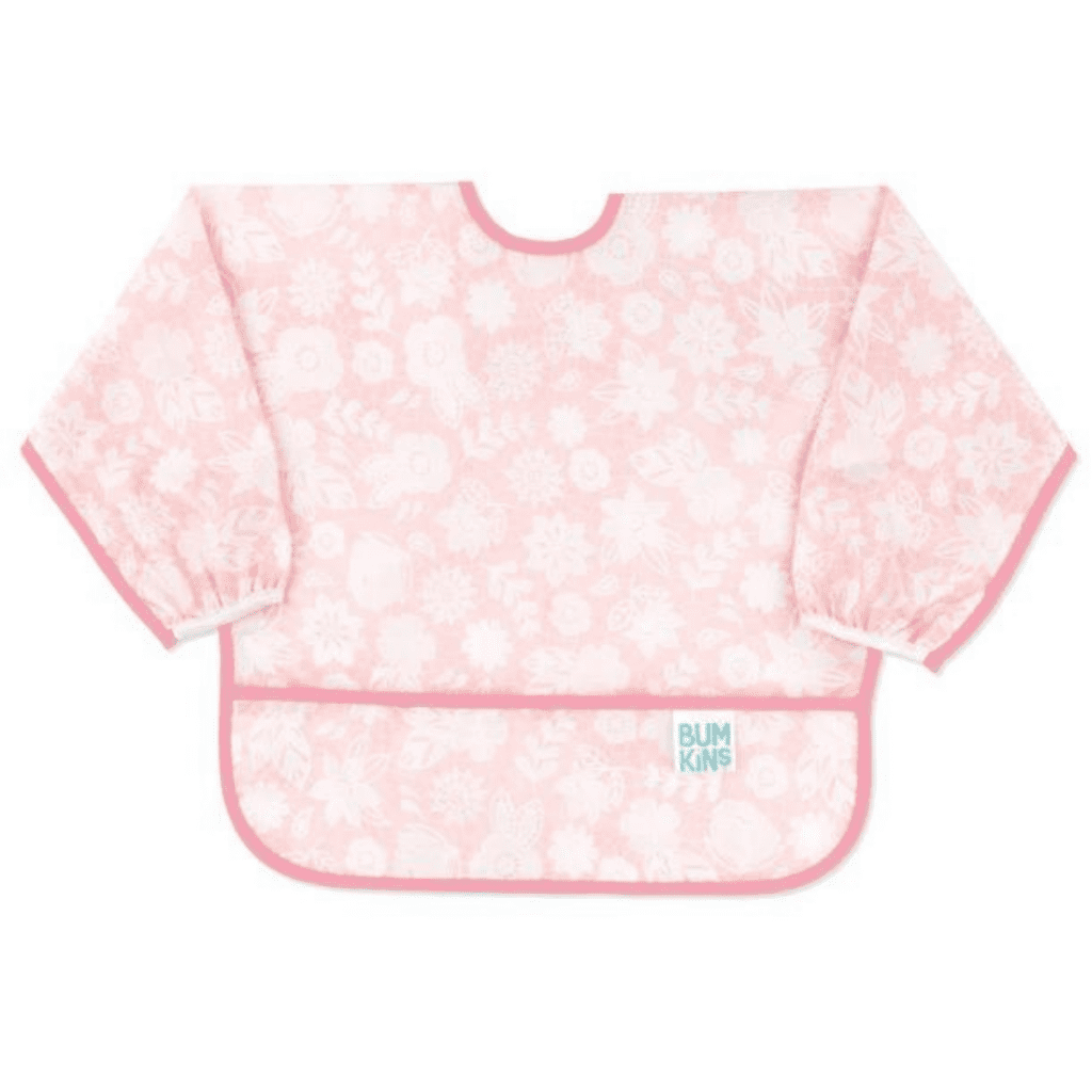 Pink long-sleeved bib by Bumkins, perfect for introducing solid foods and keeping mess to a minimum.