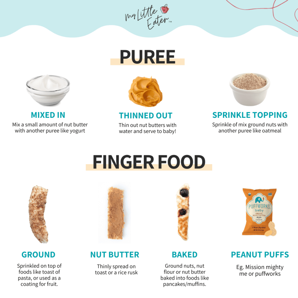 Descriptions for how to serve peanuts and tree nuts safely to babies as a puree or a finger food.