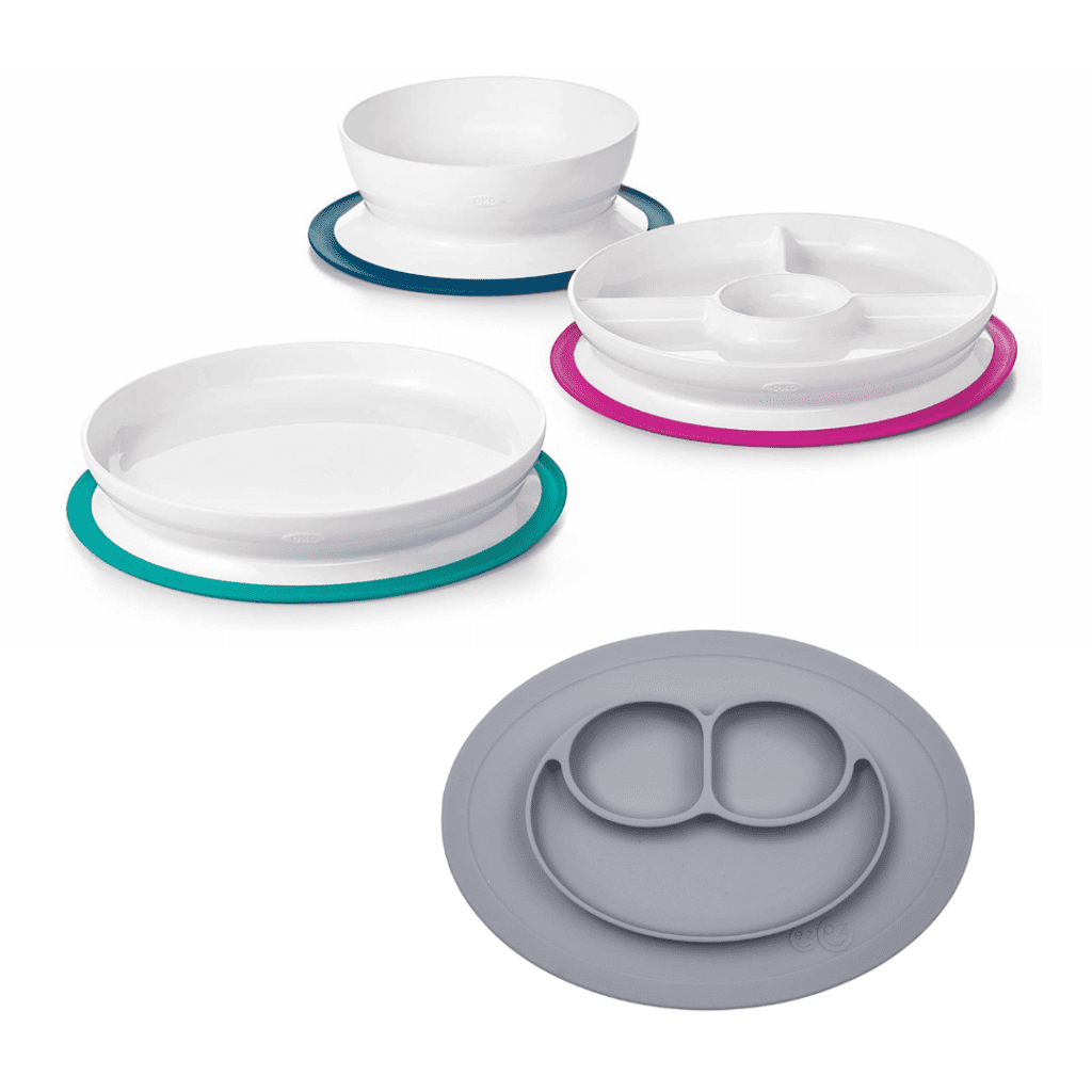 Various suction plates by OXO Tot and EZPZ, all with high rims for the first weeks of starting solids.