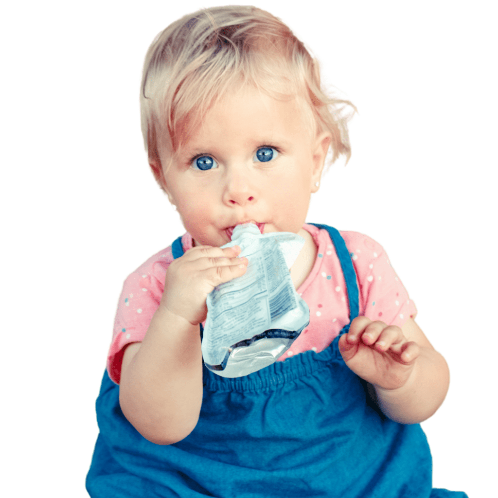 A baby sucks on a puree food pouch.