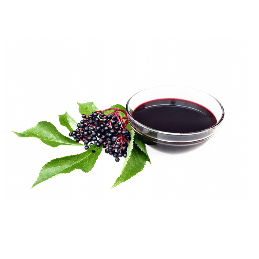 Elderberry syrup in a bowl with the berries to the side.