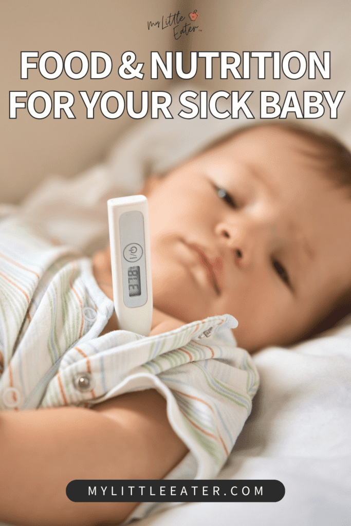 Food and nutrition for your sick baby; baby having under-arm temperature taken.