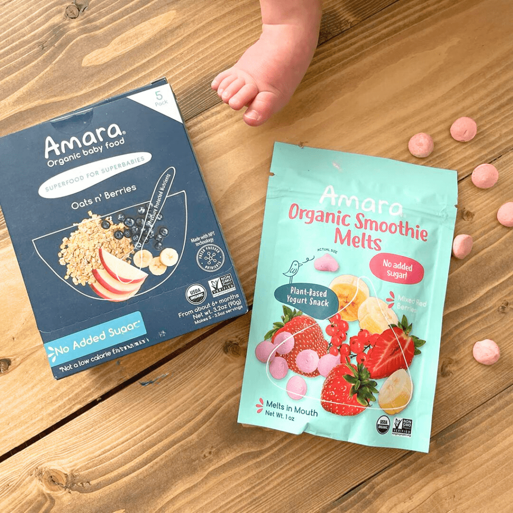 Amara organic baby food pack and Amara organic smoothie melts for baby.