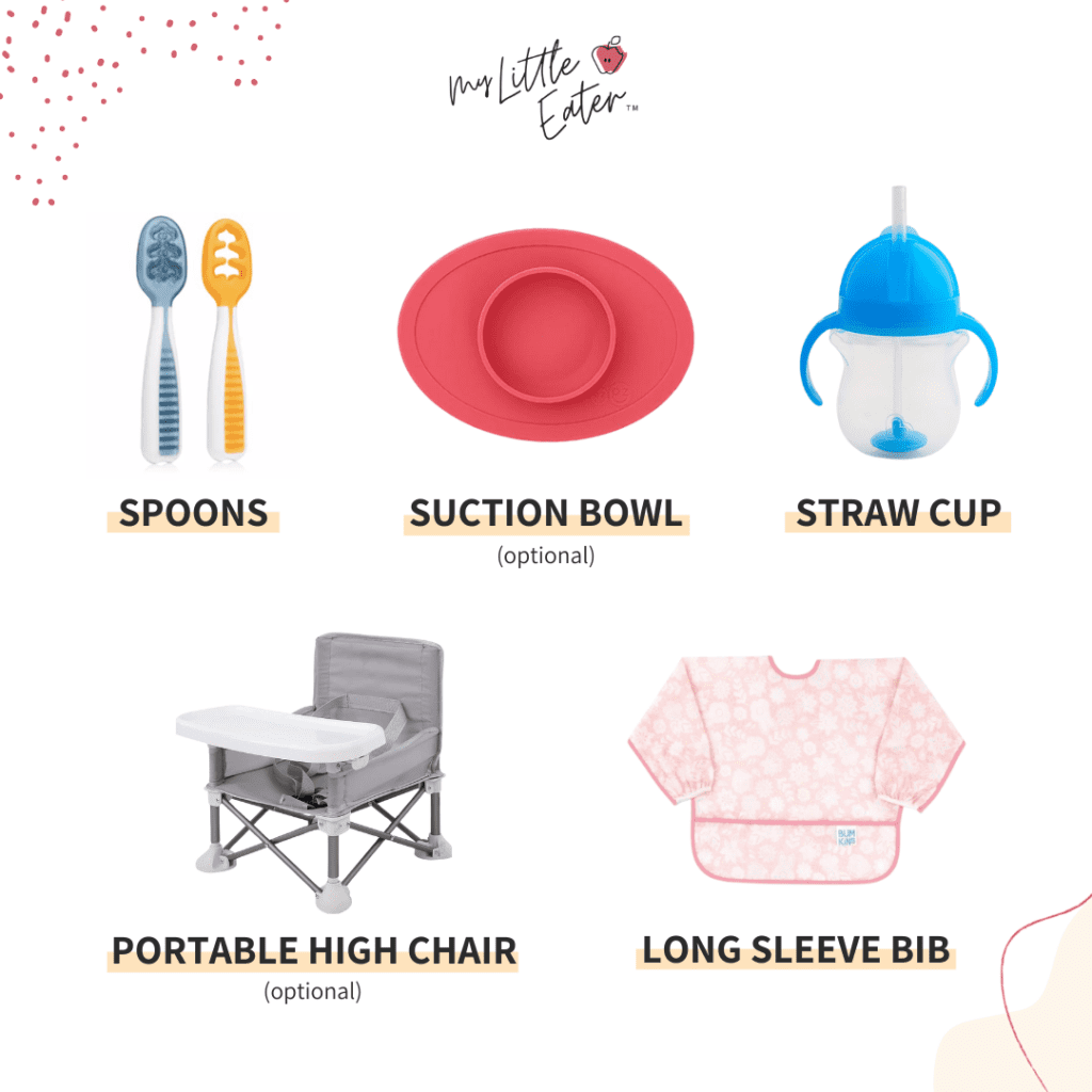 What you should pack for your baby while on holiday: spoons, suction bowl, straw cup, portable high chair, long sleeve bib.