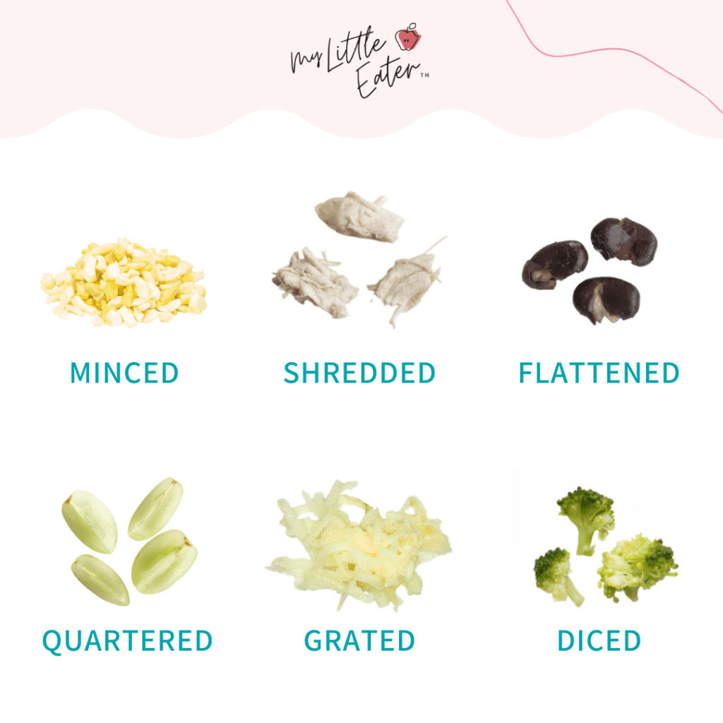 How to serve bite-sized pieces of food including minced, shredded, flattened, quartered, grated, and diced.