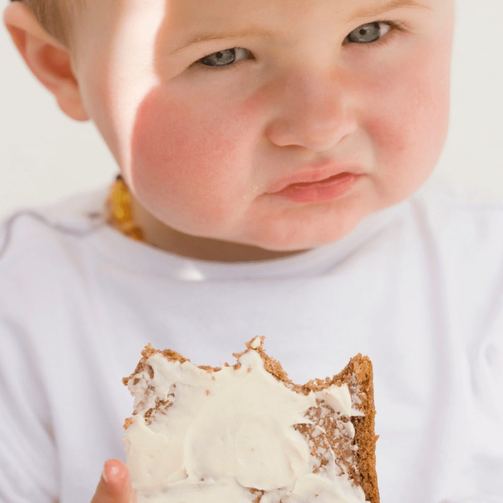 Baby eating a piece of toast/bread with cream cheese on top.
