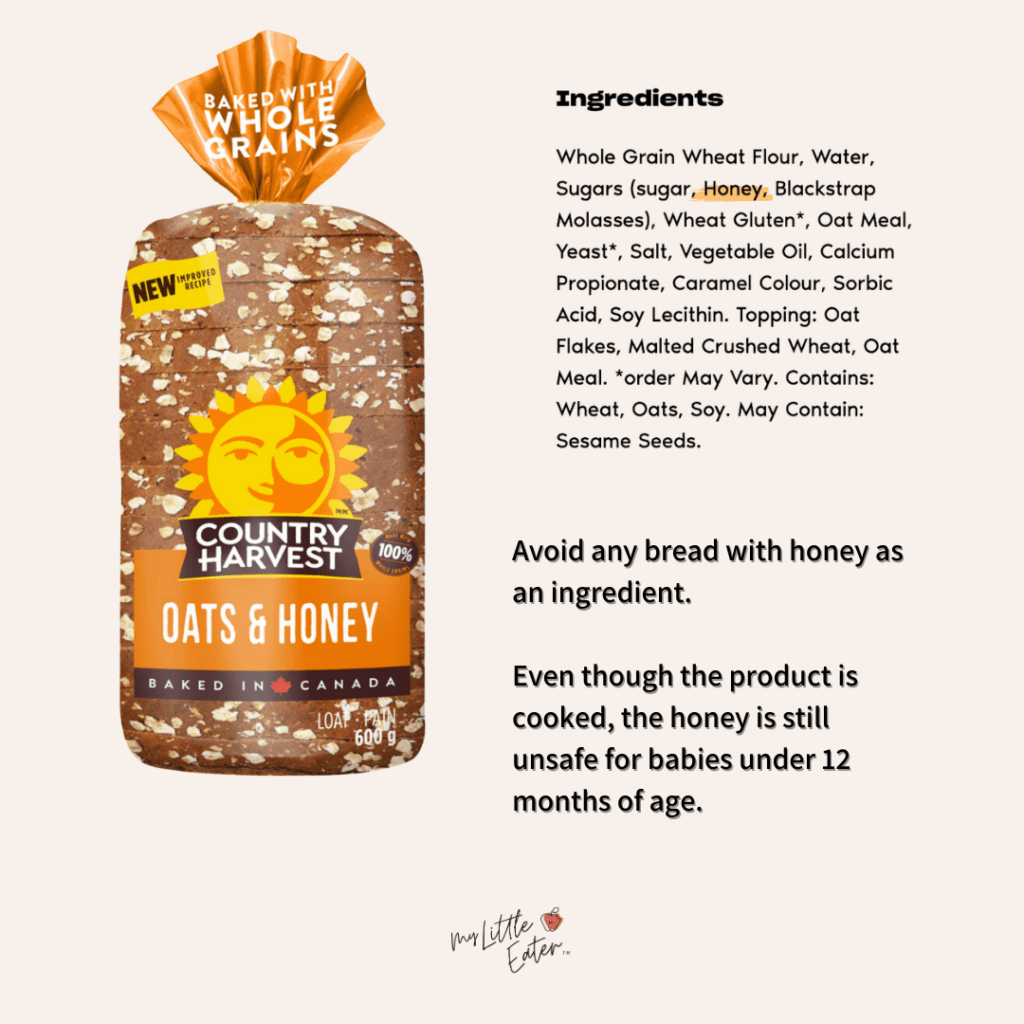 Country Harvest Oats and Honey bread shown as an example to avoid breads with honey for babies.