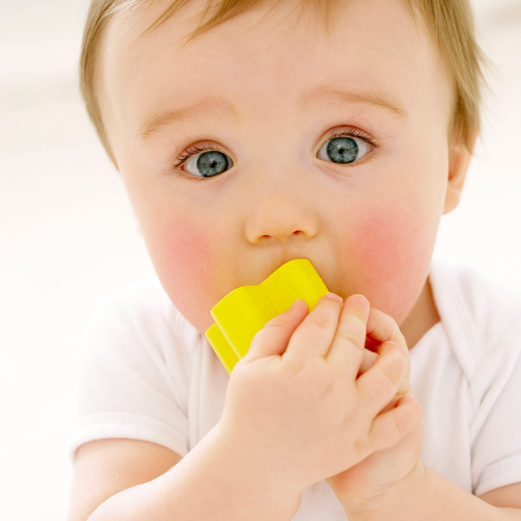 A teething baby chewing on a toy for a gum massage to provide relief and a calming effect during teething.