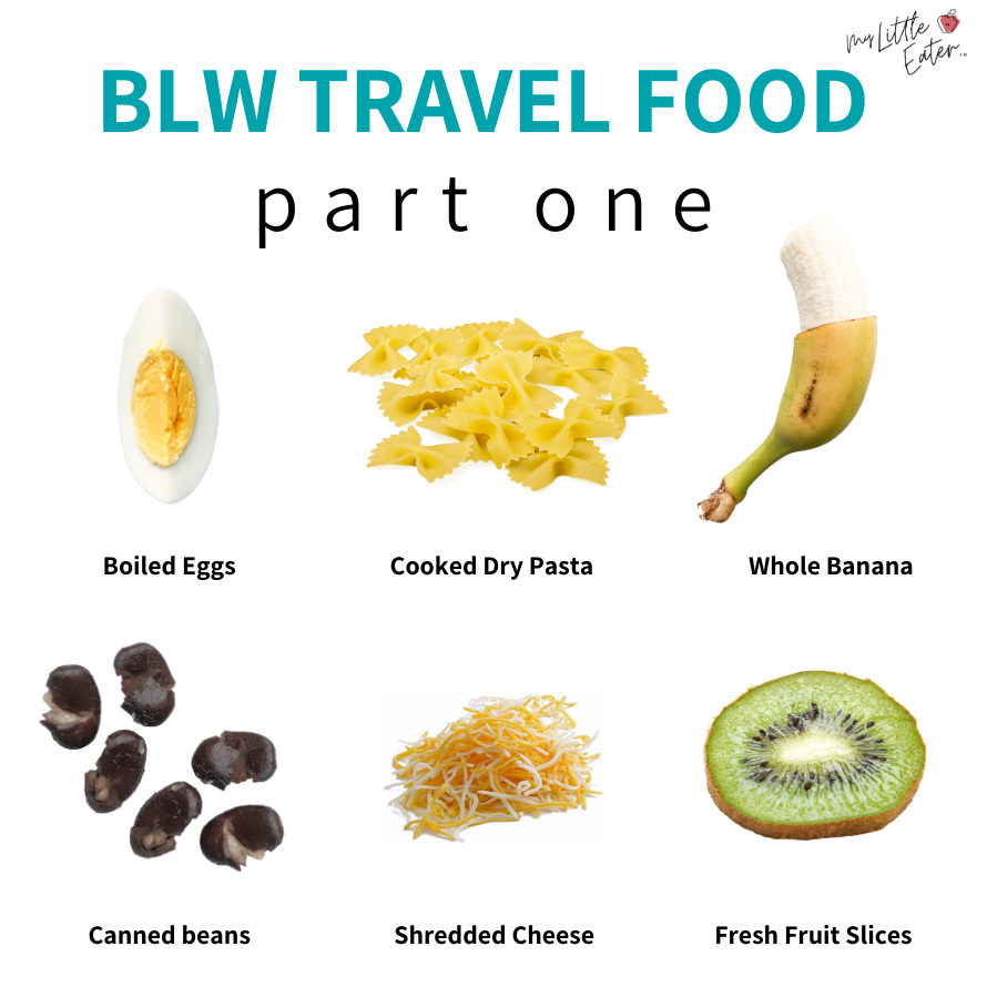 Baby led weaning travel food part one includes hard boiled eggs, cooked pasta, banana, canned beans, shredded cheese, and fresh fruit slices.