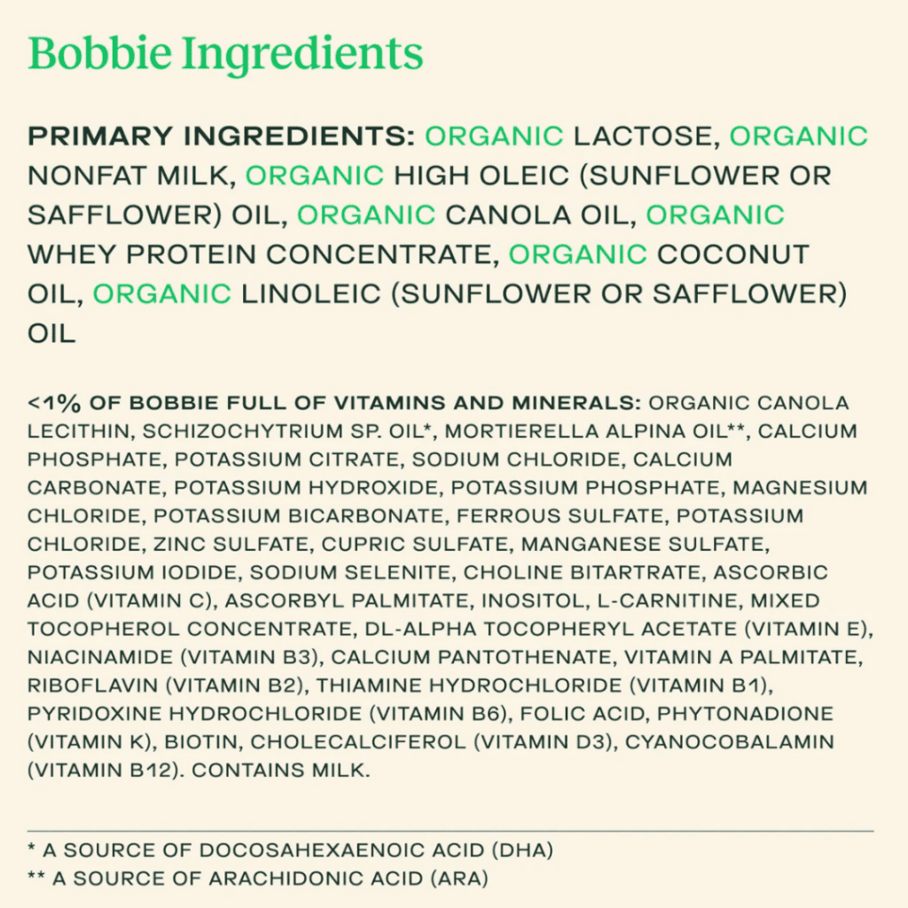Ingredients list for Bobbie Organic Infant Formula.