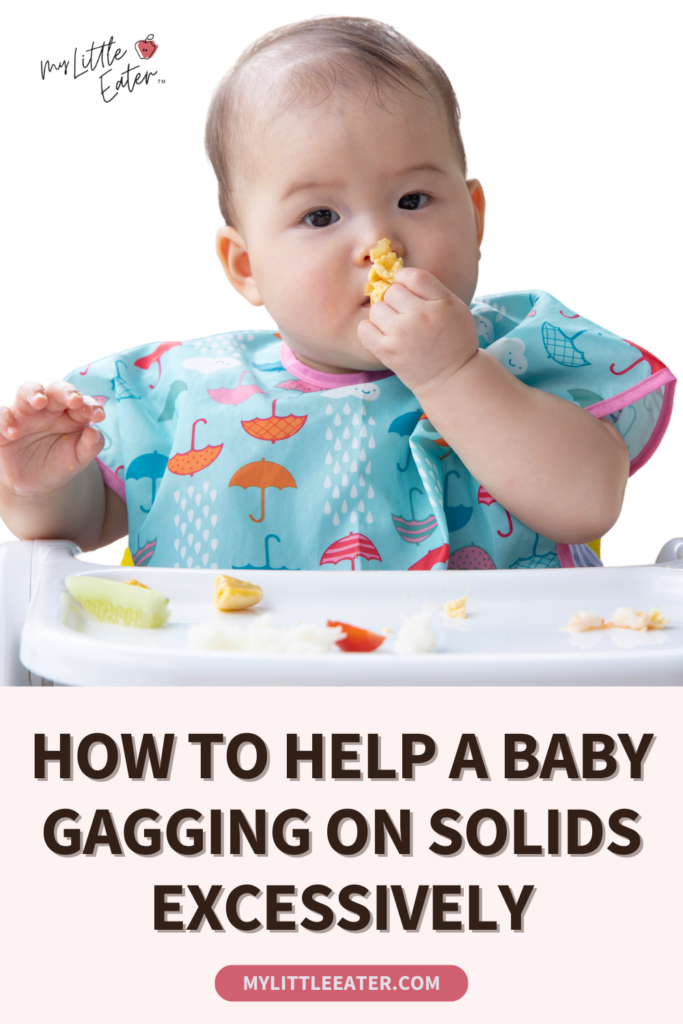How to help a baby who's gagging on solids excessively with baby led weaning; baby eats soft foods in a high chair.