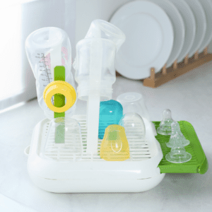A drying rack for baby bottles.