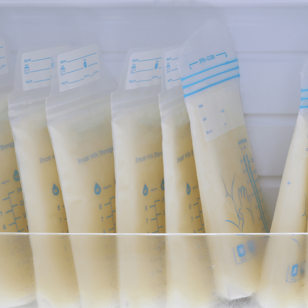 Frozen human milk being stored in bags.